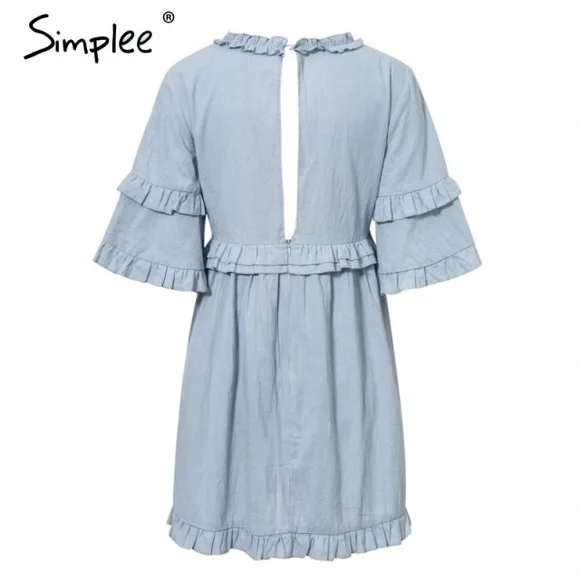 Simplee Elegant Solid Ruffle Short Sleeve Dress Blue Size Small NWT - Picture 4 of 16
